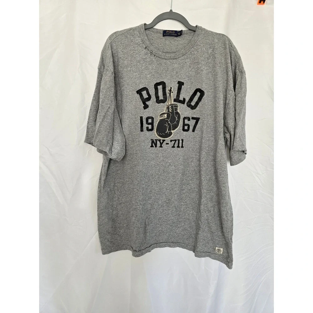 Vintage Polo Ralph Lauren Mens XL‎ TALL Grey Boxing Glove NY 711 Graphic T Shirt